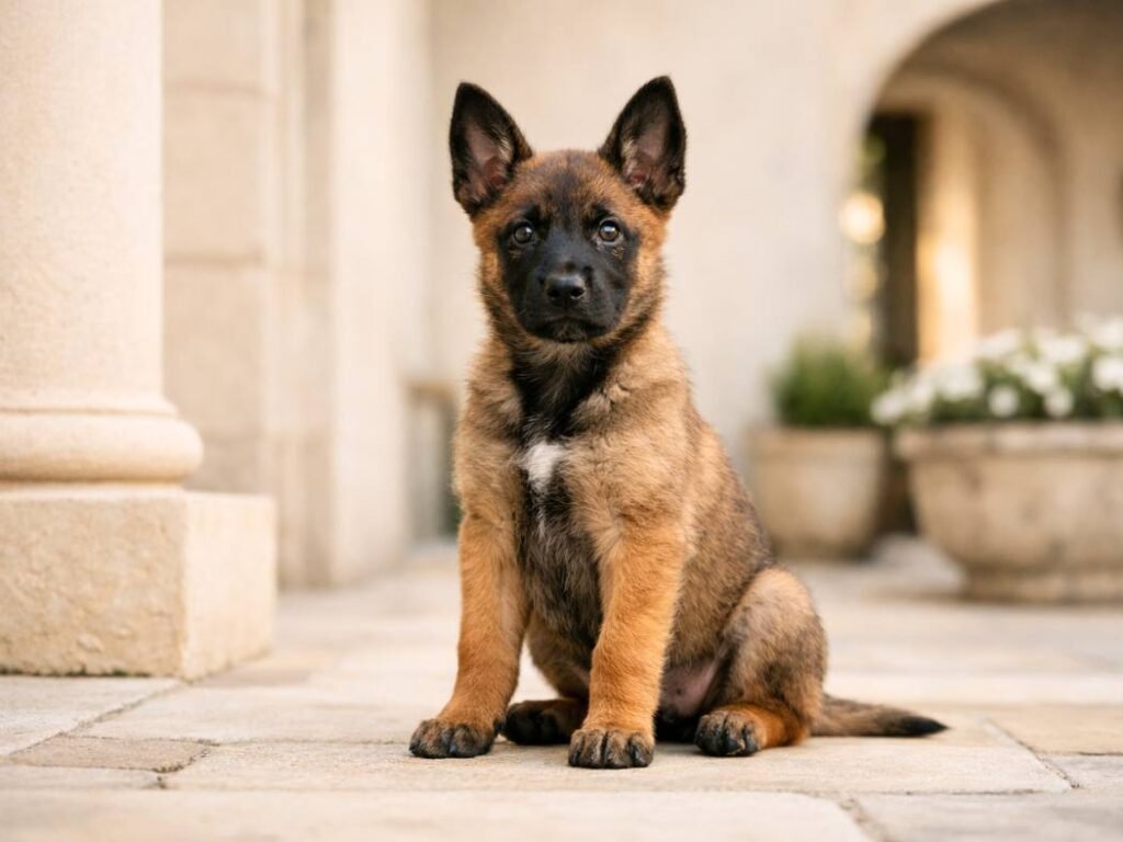 Elegant Belgian Malinois puppy photographed in a European-style outdoor setting