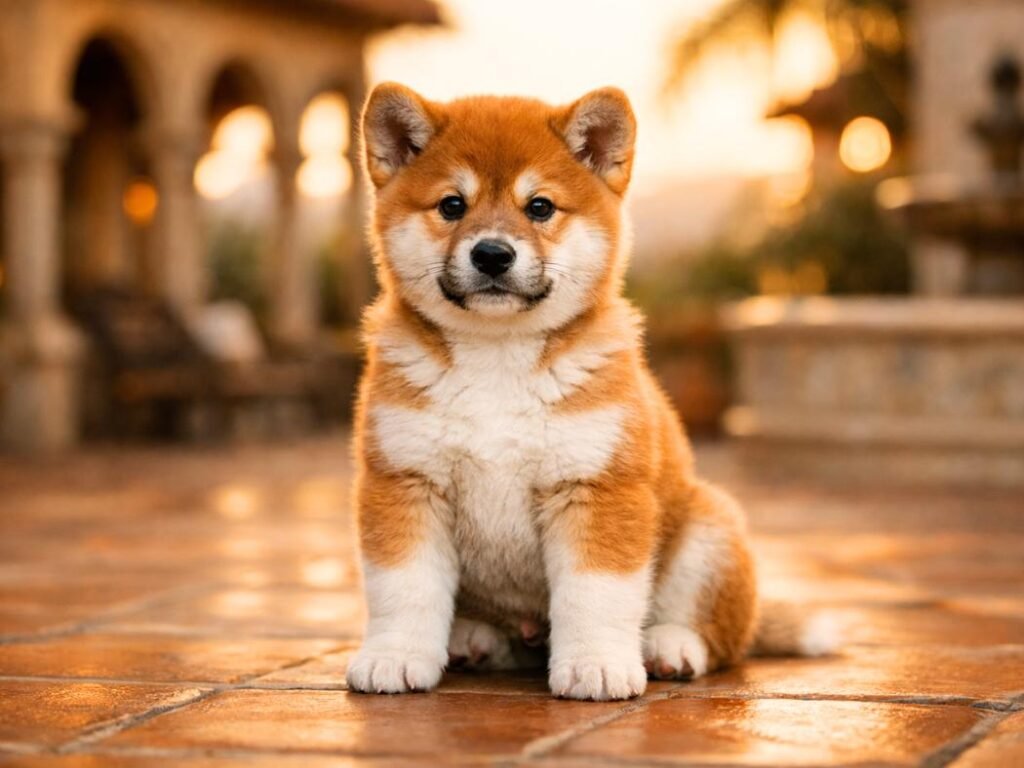 Red-gold Akita puppy sitting proudly on terracotta tiles in a warm Spanish-style courtyard.