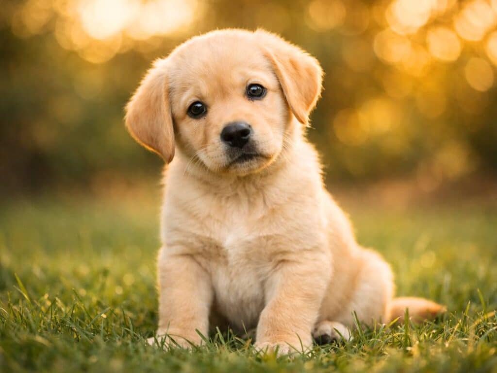Light brown Labrador puppy sitting on grass and looking at the camera