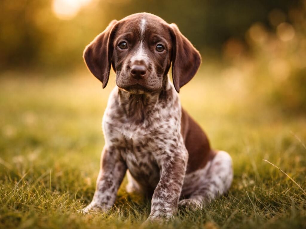 Liver roan German Shorthaired Pointer puppy sitting on grass with warm evening light highlighting its brown and white speckled coat
