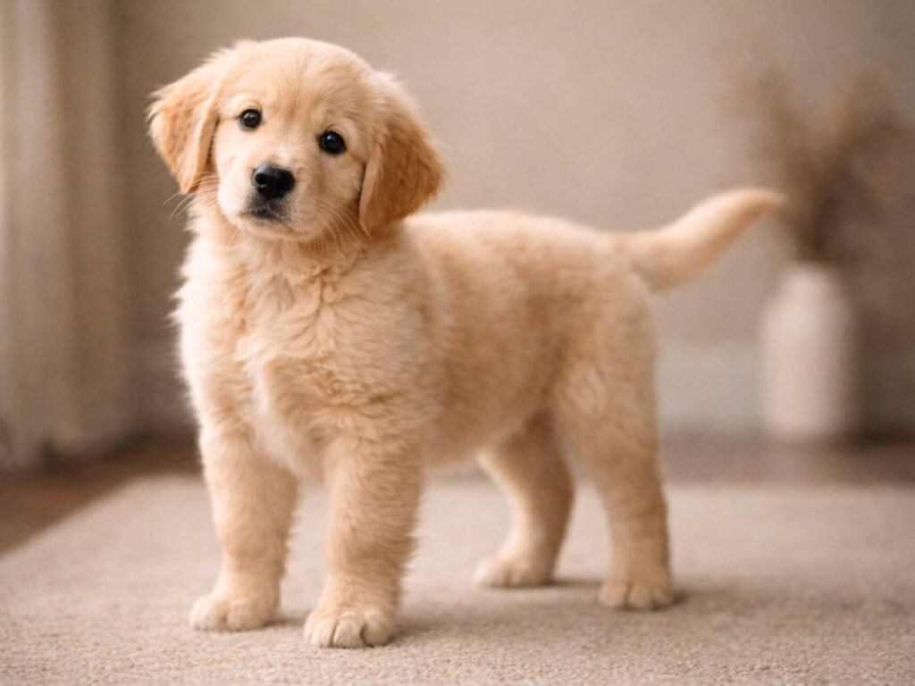 A loyal female Golden Retriever puppy standing calmly and looking straight at the camera with gentle, devoted eyes.