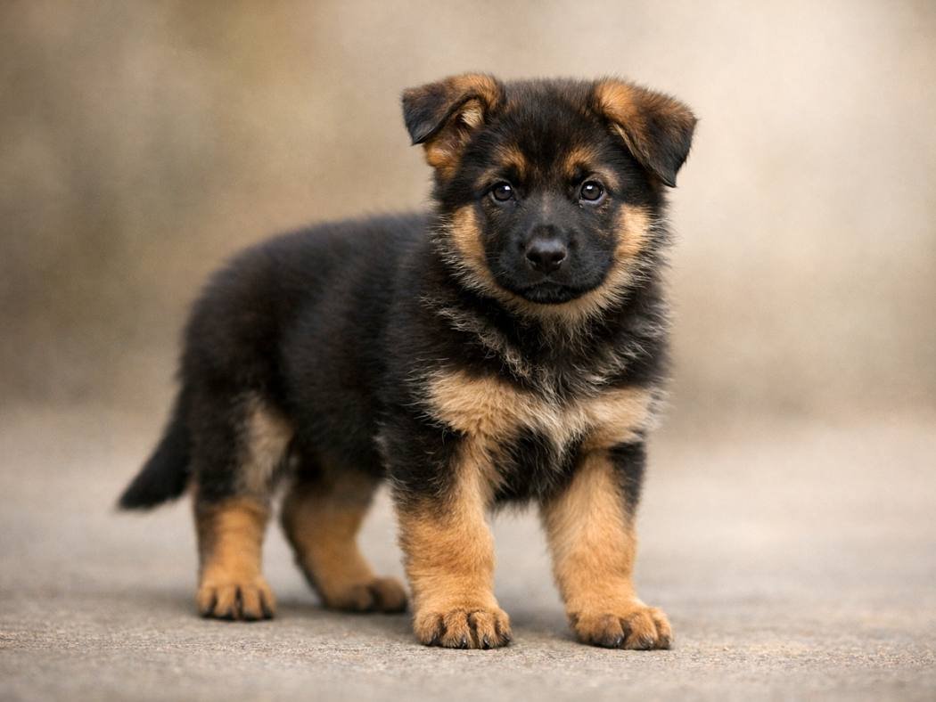 A young German Shepherd puppy standing calmly with an alert, loyal expression and confident posture.