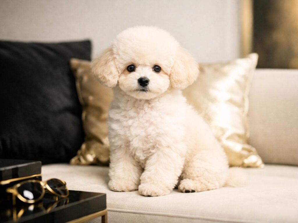 An elegant Toy Poodle puppy posed in a stylish, luxury-inspired setting with a refined look.
