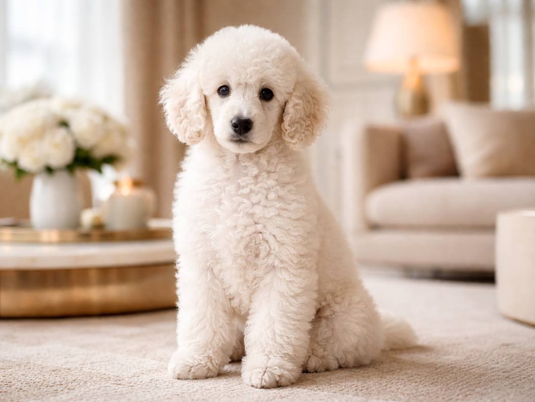 A white poodle puppy sitting gracefully in a bright, elegant interior with a calm and luxurious atmosphere.