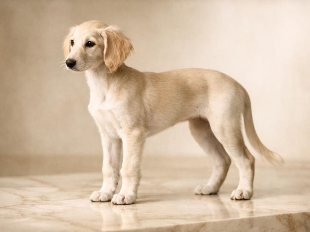 Luxury Saluki puppy standing gracefully on a refined neutral background