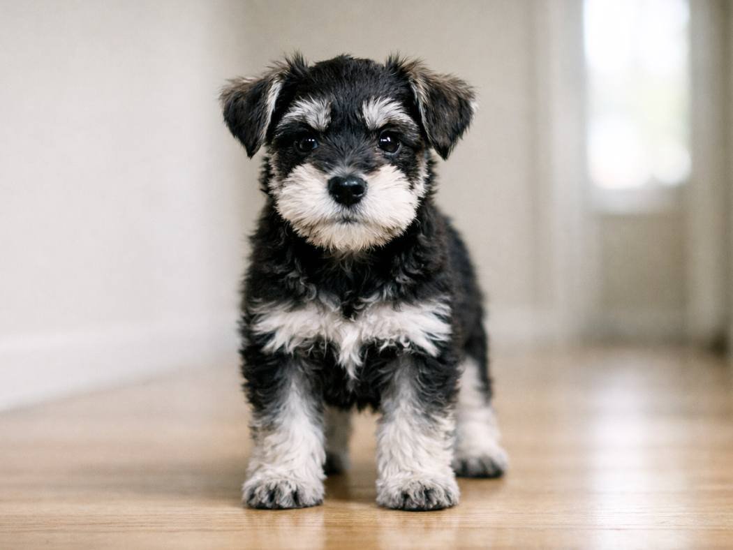 Male Miniature Schnauzer puppy standing calmly indoors with alert eyes and natural lighting