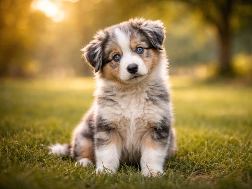 Blue merle Australian Shepherd puppy sitting on grass with bright blue eyes and fluffy coat
