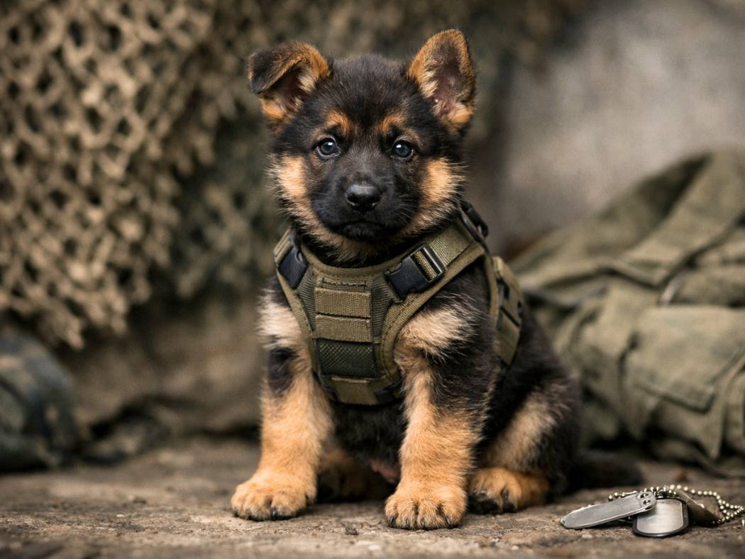 German Shepherd puppy with military gear sitting confidently, symbolizing strong military dog names