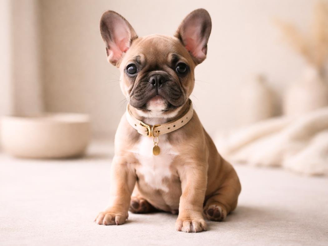 A stylish French Bulldog puppy sitting in a modern studio setting with a clean, elegant background.