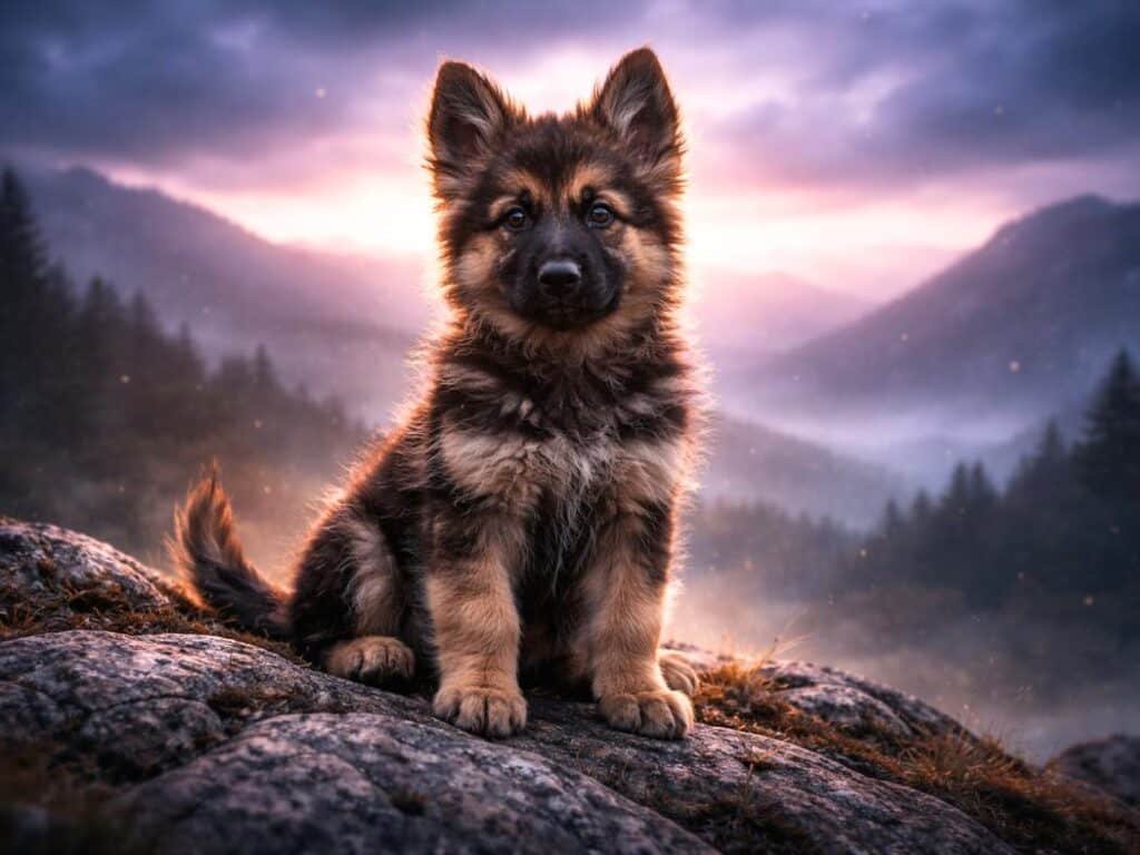 Sable German Shepherd puppy sitting on a rocky hill at twilight with a dramatic sky behind