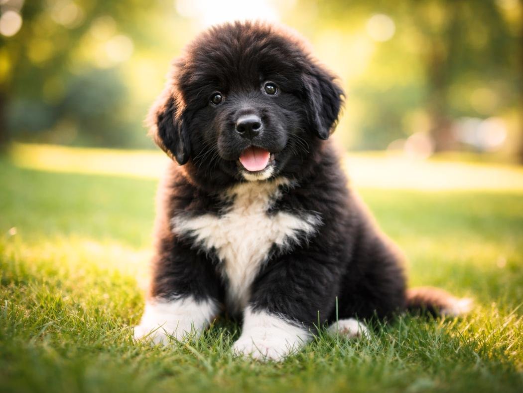 Fluffy Newfoundland puppy sitting on green grass in a sunny park, looking curiously at the camera