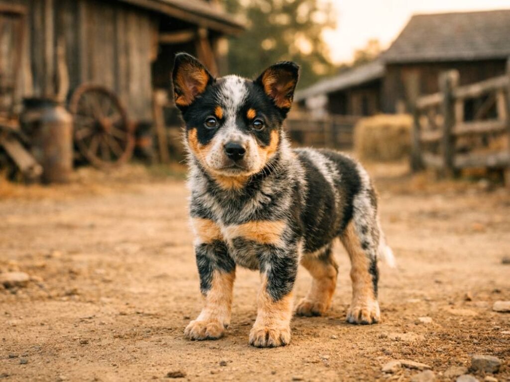 Australian Cattle Dog puppy on a rustic farm or ranch
