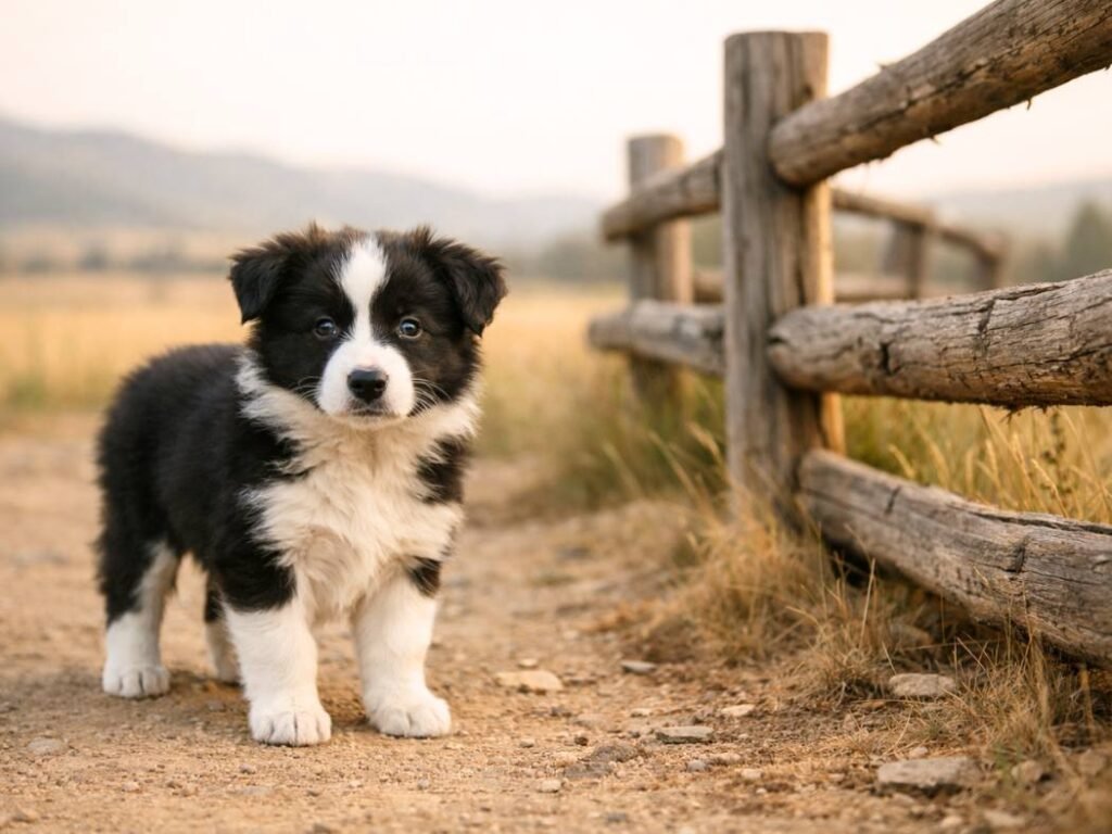 Border Collie puppy standing on a dirt path beside an old ranch fence in the American West