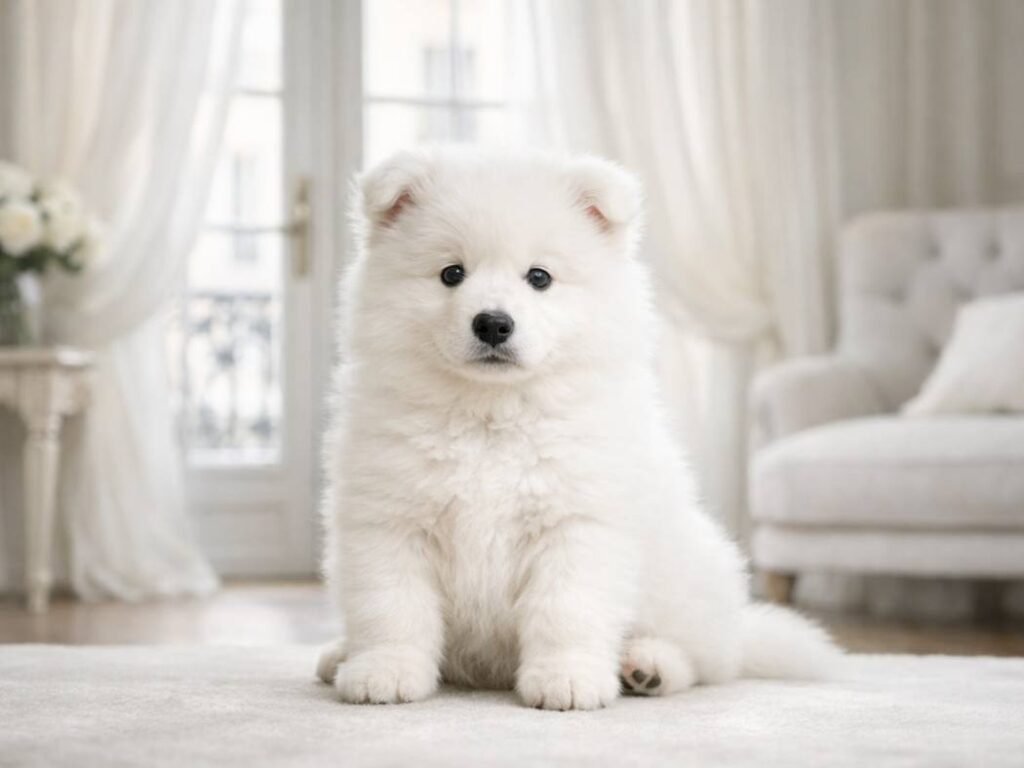 A fluffy white Samoyed puppy sitting peacefully in a bright European-style interior.