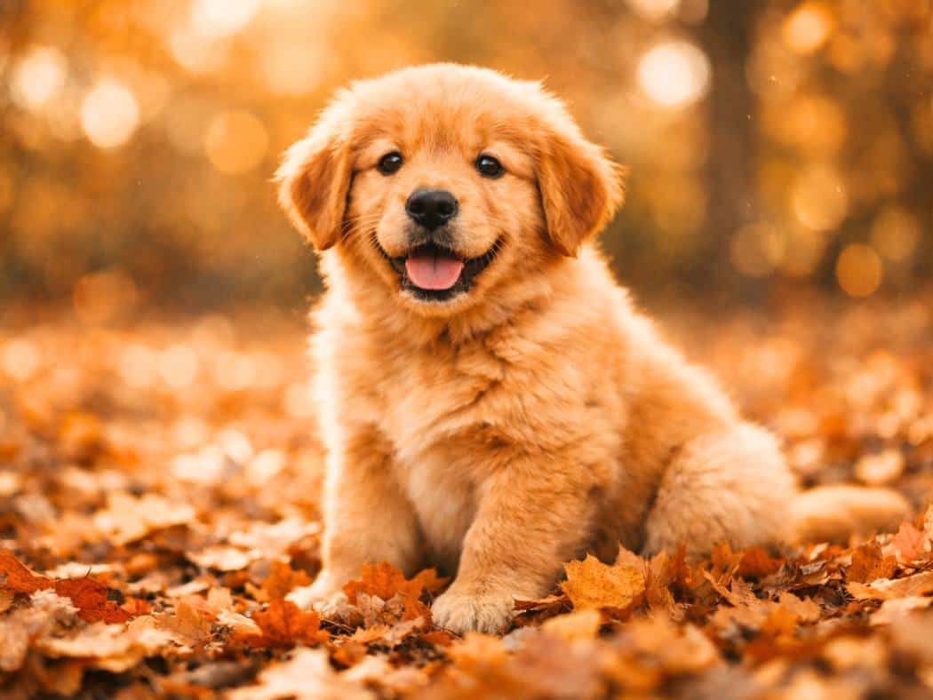 Golden Retriever puppy with a rich golden-orange coat sitting in autumn leaves.