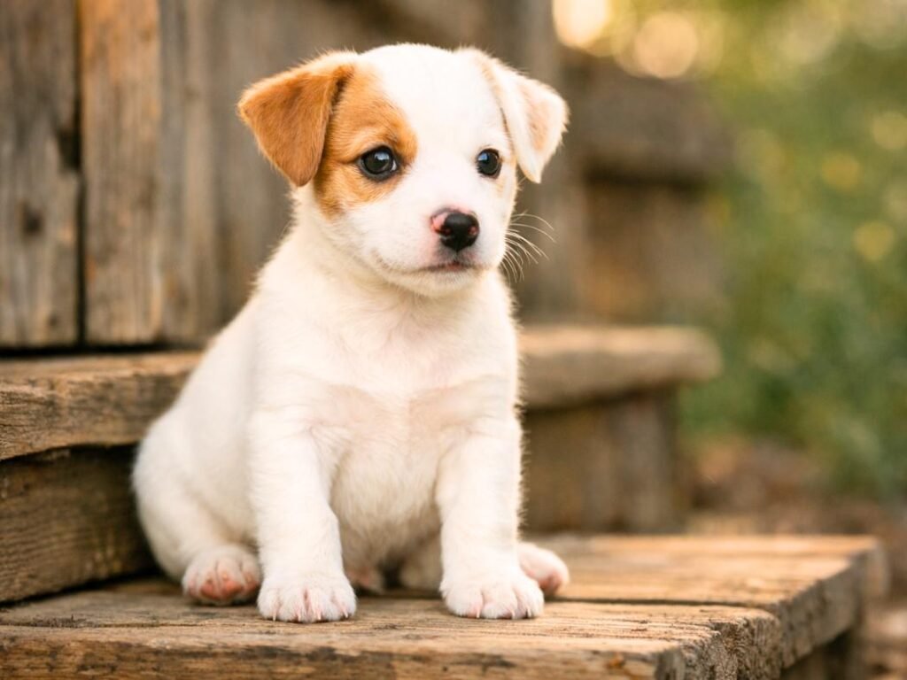A Parson Russell Terrier puppy sitting on a rustic wooden porch in warm golden sunlight, looking curiously to the side.