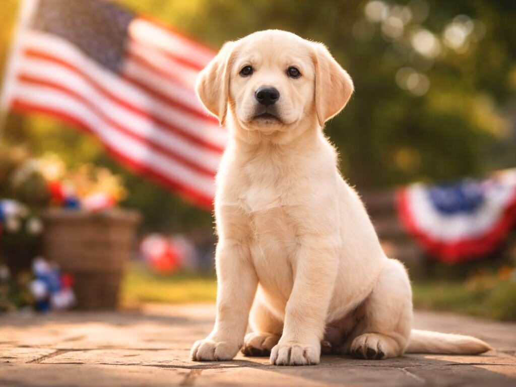 Labrador Retriever puppy with American flag elements in the background.