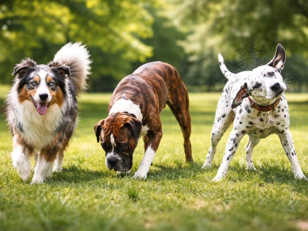 Three patterned dogs including a merle Australian Shepherd, brindle Boxer, and spotted Dalmatian in a sunny outdoor park