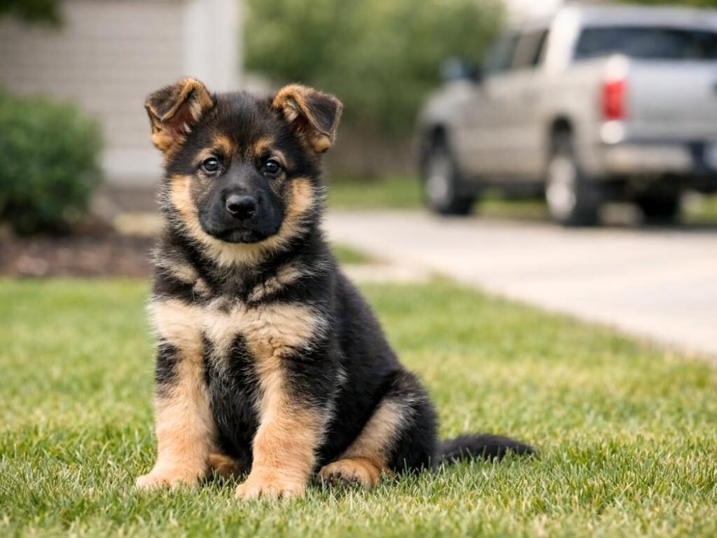 German Shepherd puppy sitting in a clean American suburban backyard