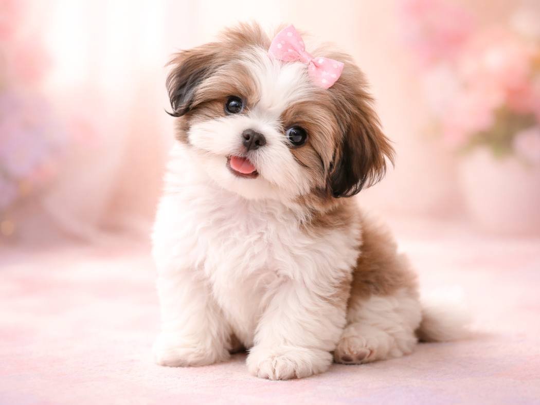 A playful Shih Tzu puppy with fluffy fur and a cheerful expression in soft pastel tones
