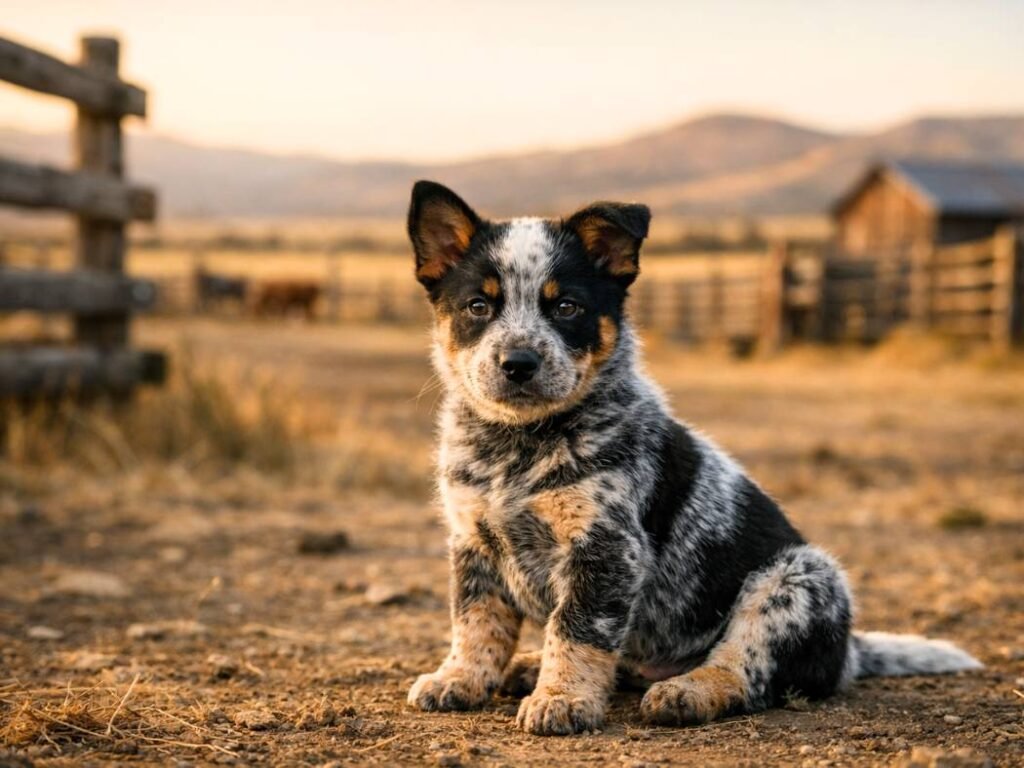 Australian Cattle Dog puppy on a ranch with wooden fences and open fields