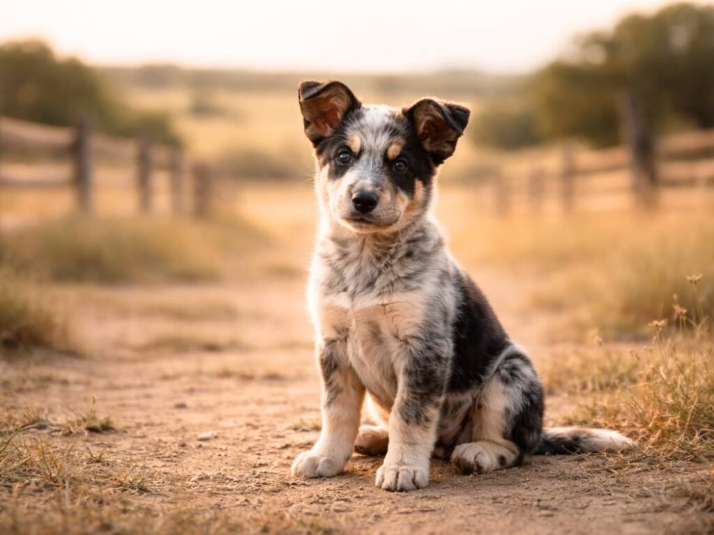 A Texas Heeler puppy in an open ranch landscape with wooden fencing and natural daylight.