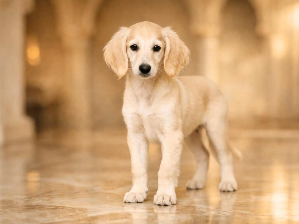 Elegant cream-colored Saluki puppy standing gracefully indoors with soft golden lighting.