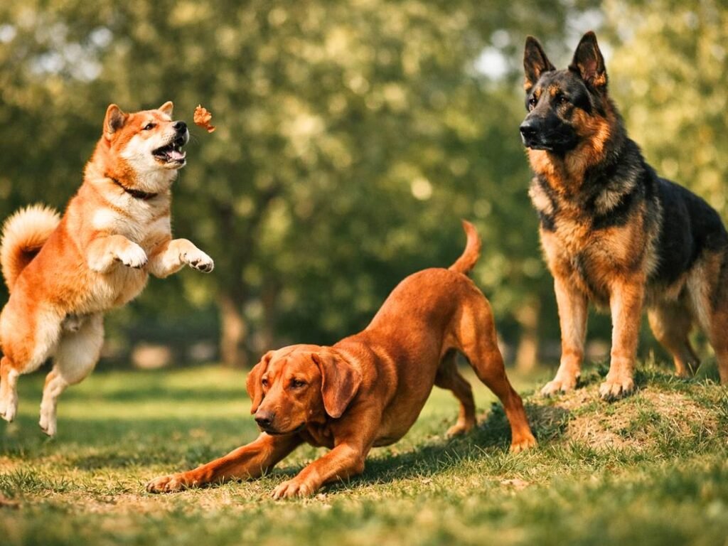 Three red and orange-toned dogs including a Shiba Inu, Vizsla, and black-and-red German Shepherd captured in natural daylight outdoors