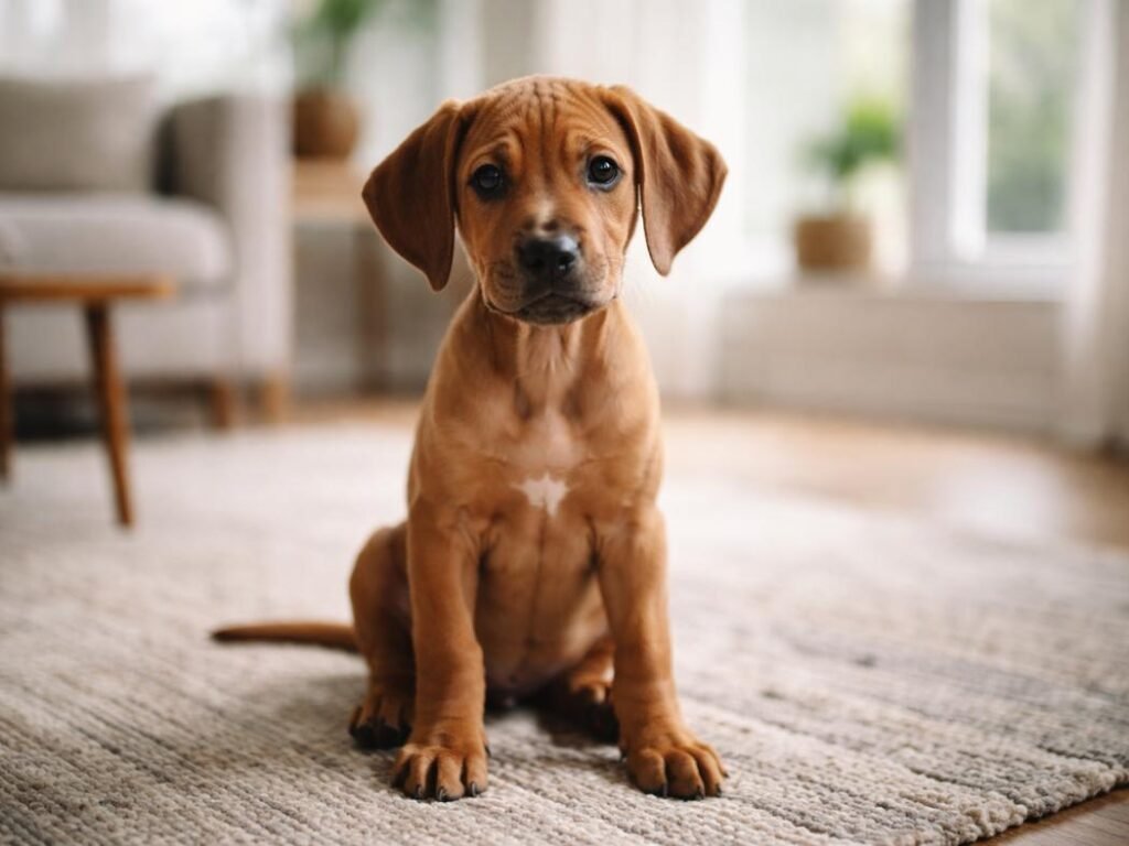 Rhodesian Ridgeback puppy sitting gracefully on a woven rug in a bright living room with soft natural light.