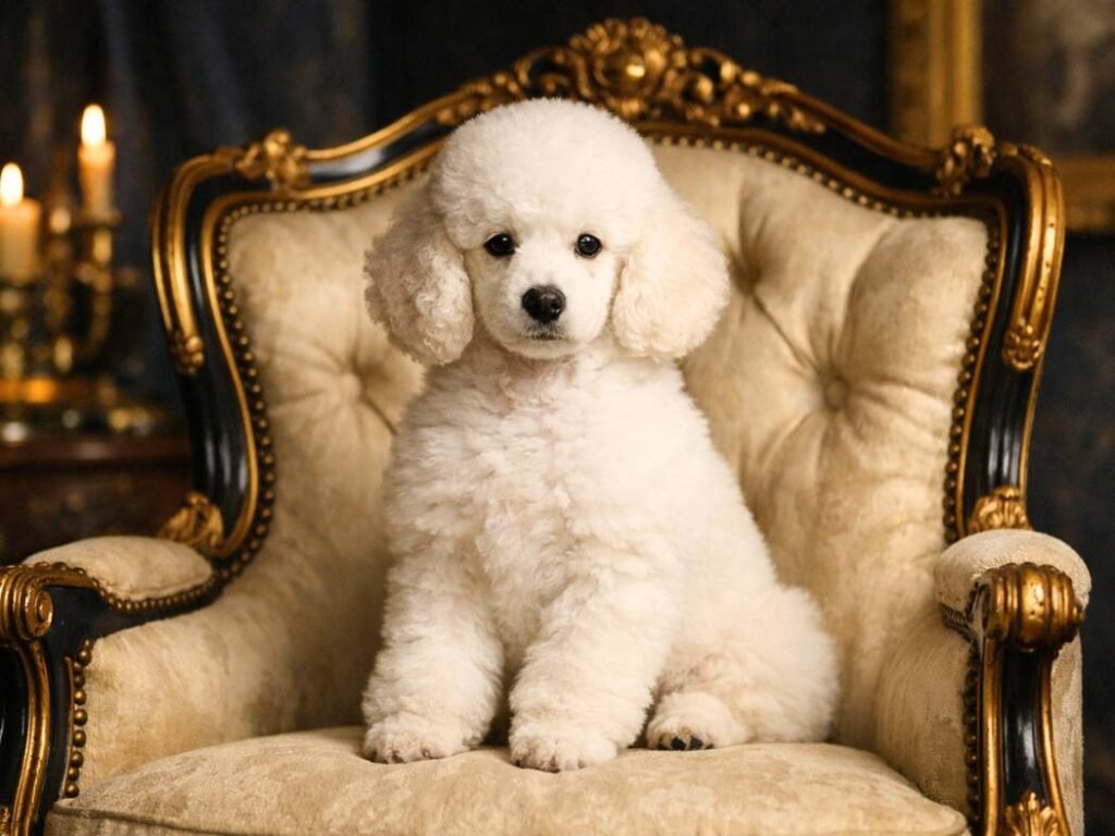 Royal-looking white poodle puppy sitting upright in a refined setting, exuding elegance and aristocratic charm.