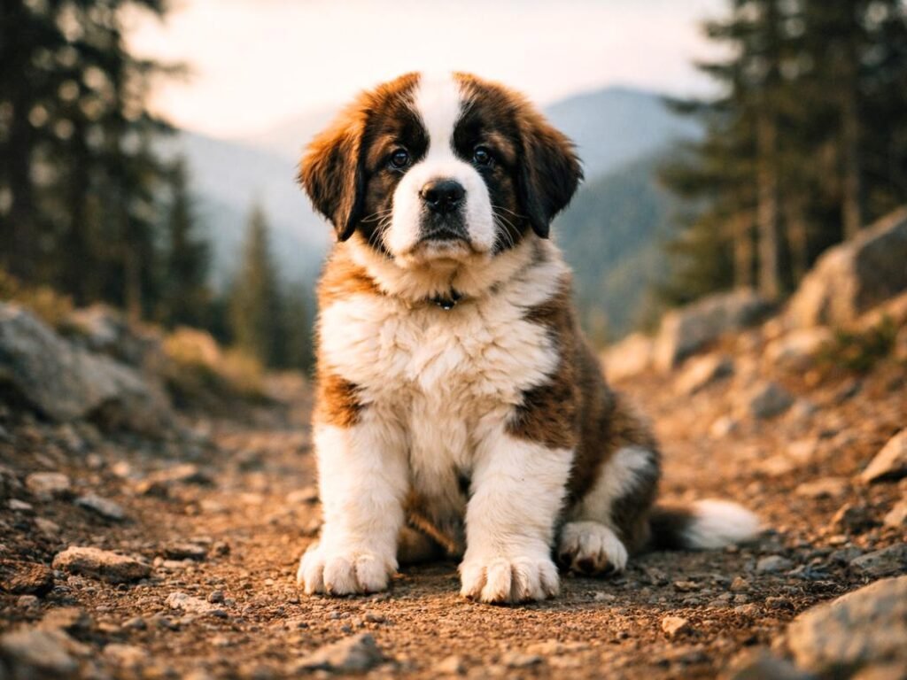 Young Saint Bernard puppy sitting confidently on a mountain trail with scenic hills behind
