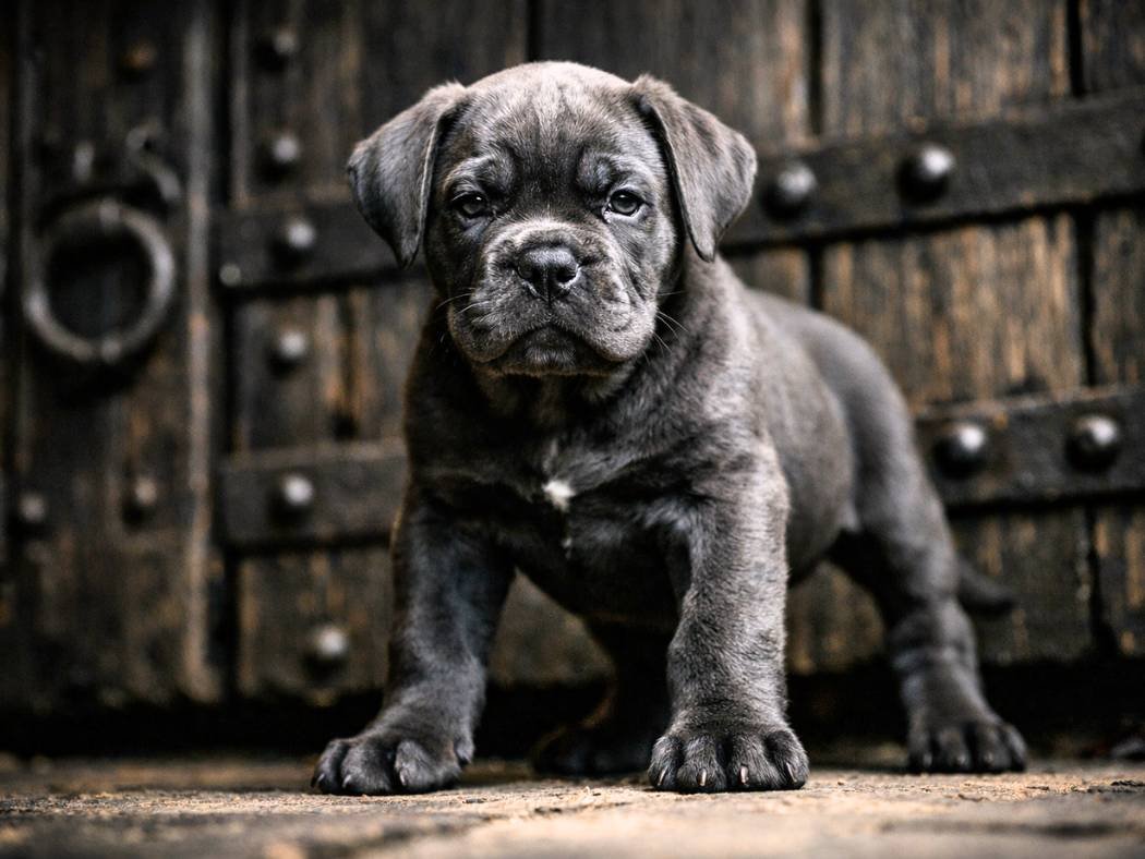 Cane Corso guard dog puppy standing in front of a dark gate, appearing powerful and protective