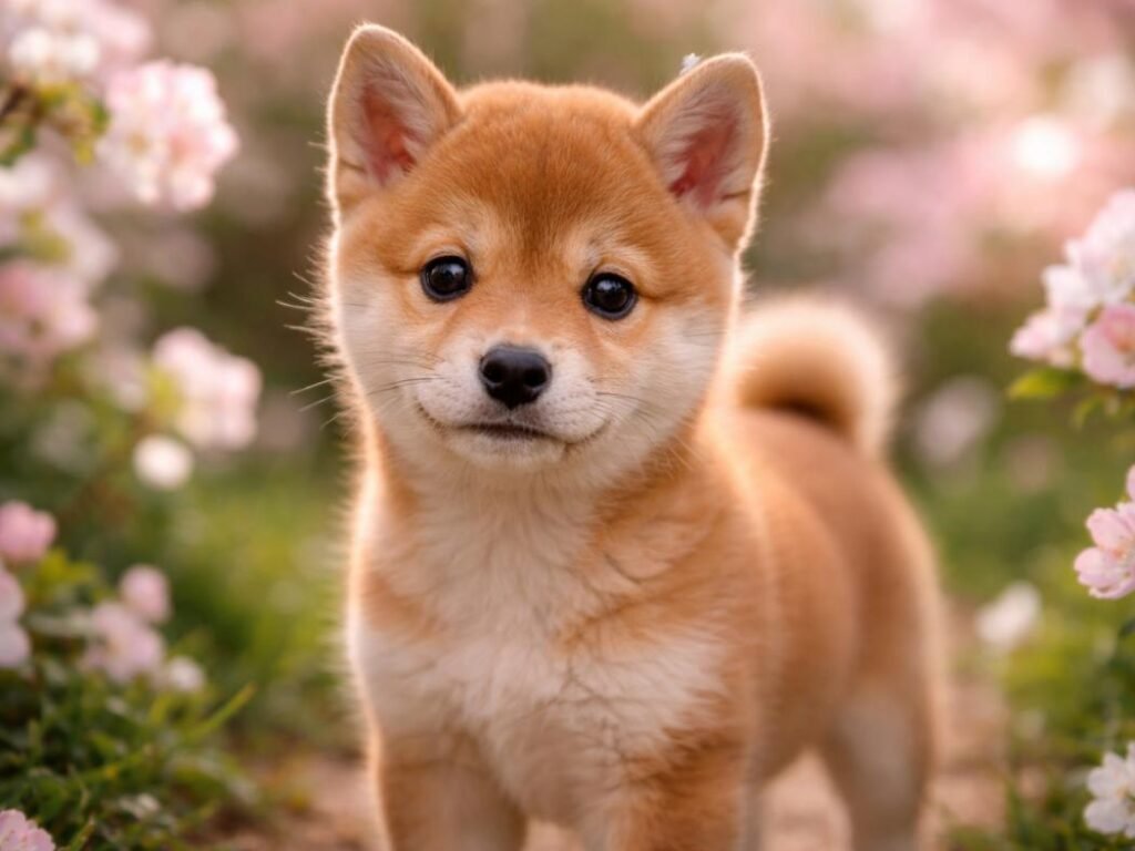 Shiba Inu puppy standing in a blooming garden with soft flowers and bright natural daylight.