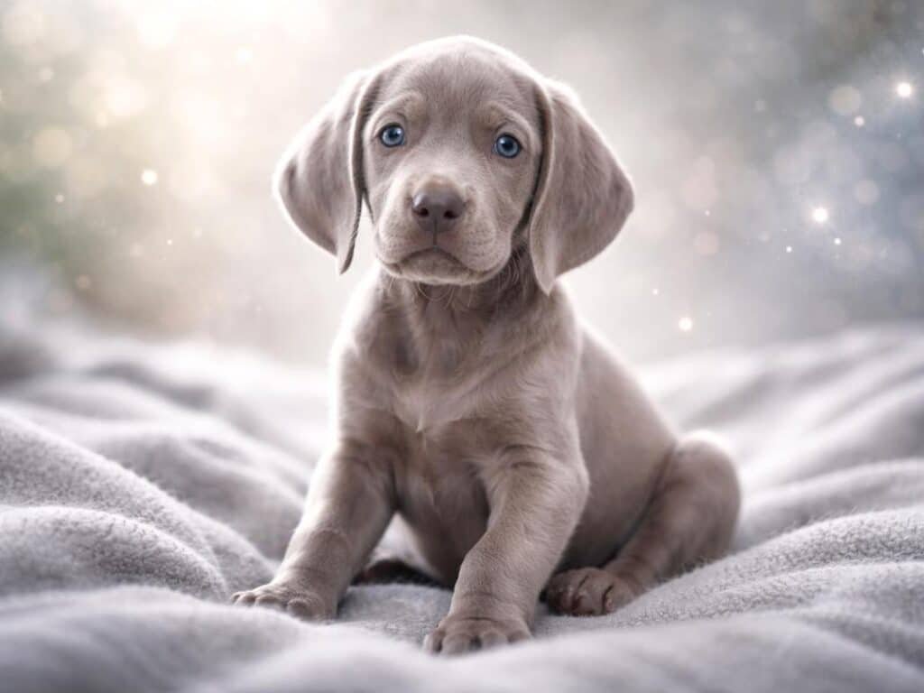Silver Weimaraner puppy sitting on a soft gray blanket with a shiny dreamy background