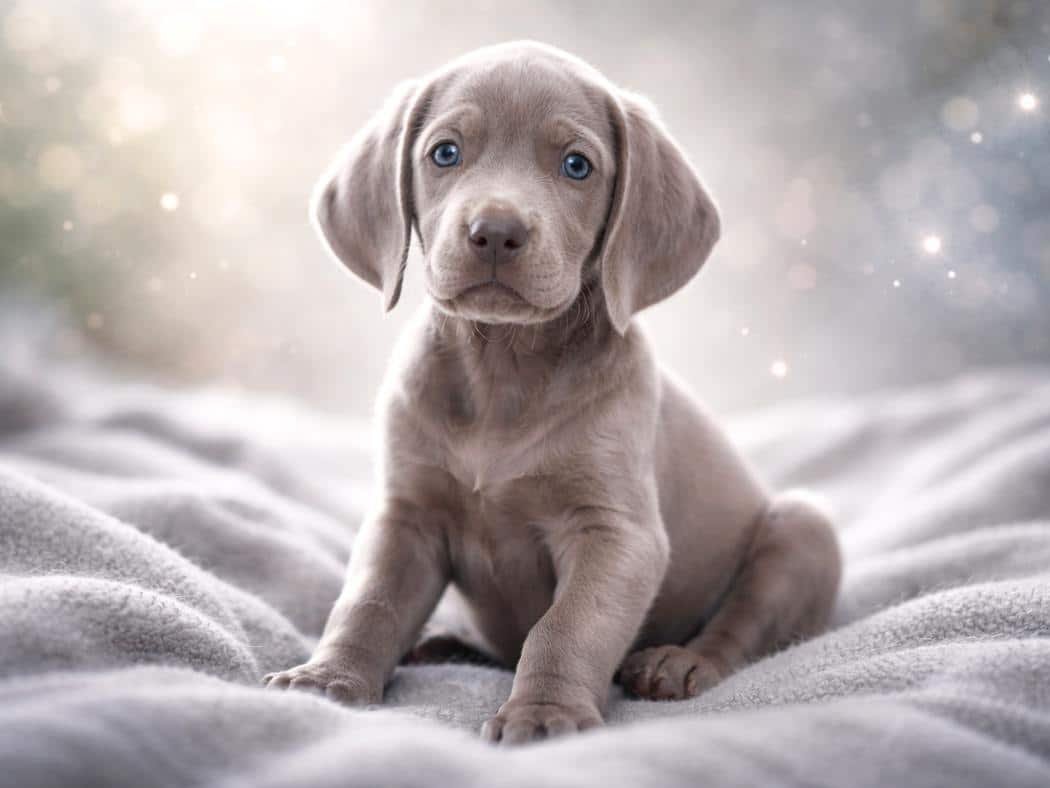 Silver Weimaraner puppy sitting on a soft gray blanket with a shiny dreamy background