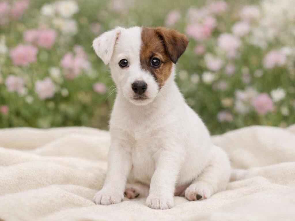A Smooth Fox Terrier puppy sitting on a light blanket in a blooming garden with a sweet and gentle expression.