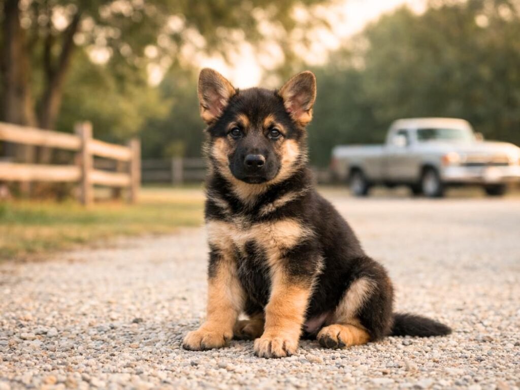 German Shepherd puppy sitting on a gravel driveway at an American home