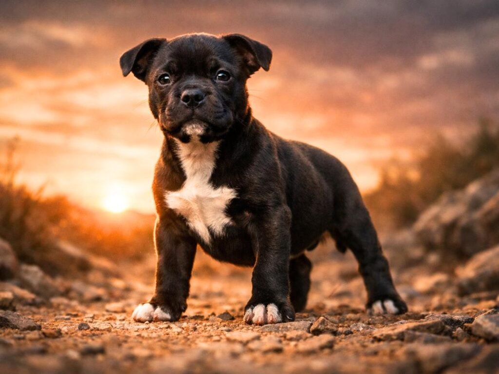 Staffordshire Bull Terrier puppy standing confidently on a rocky path at sunset
