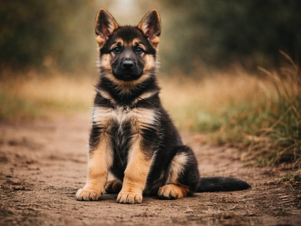 A young female German Shepherd puppy sitting confidently with an alert yet calm expression that shows strength and loyalty.