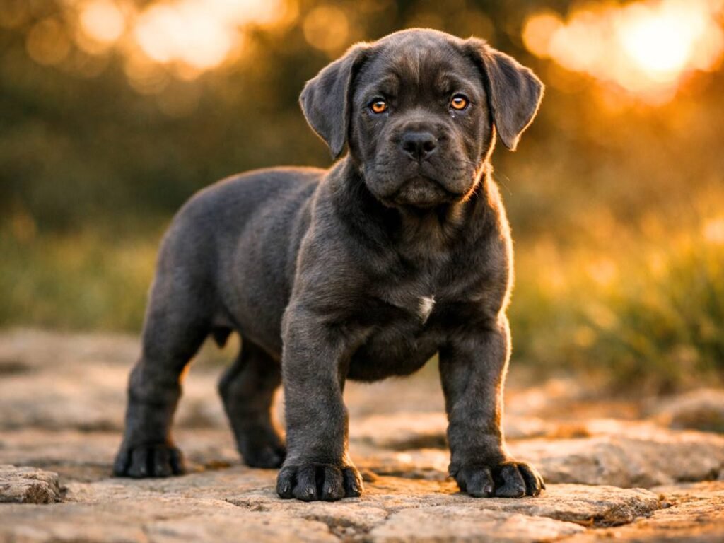 Cane Corso puppy standing confidently outdoors in warm sunset light