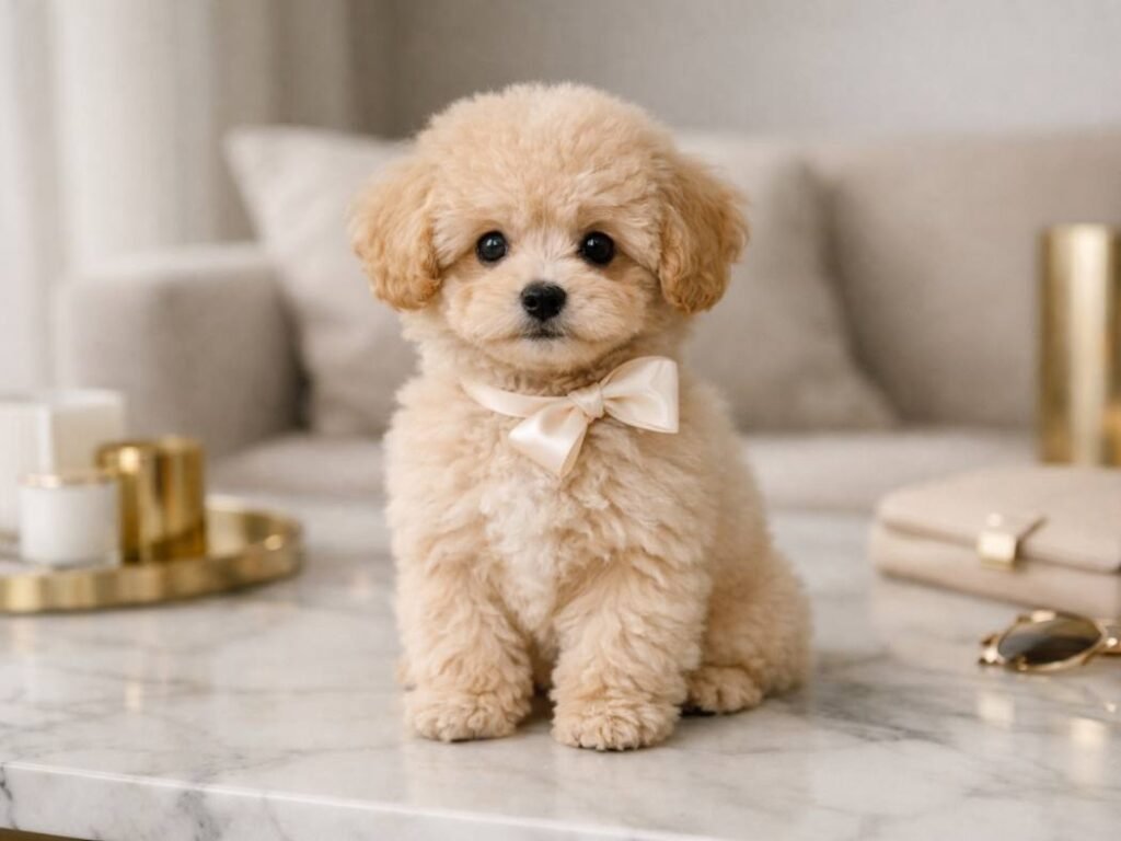 Stylish female puppy sitting in a modern, elegant interior representing chic and trendy dog names.Stylish female puppy sitting in a modern, elegant interior representing chic and trendy dog names.