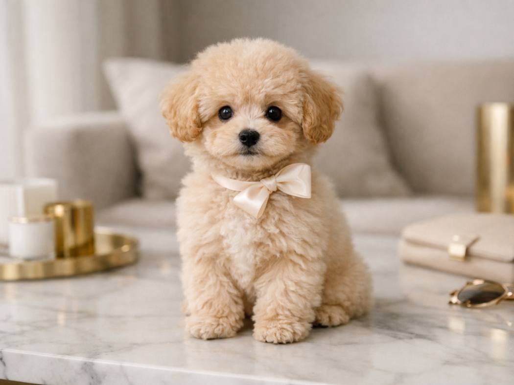 Stylish female puppy sitting in a modern, elegant interior representing chic and trendy dog names.Stylish female puppy sitting in a modern, elegant interior representing chic and trendy dog names.