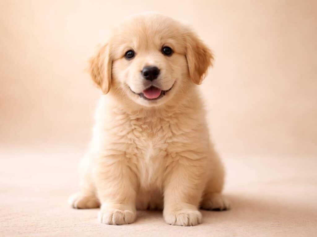 Light golden retriever puppy sitting and looking at the camera with a fluffy tan coat and sweet expression