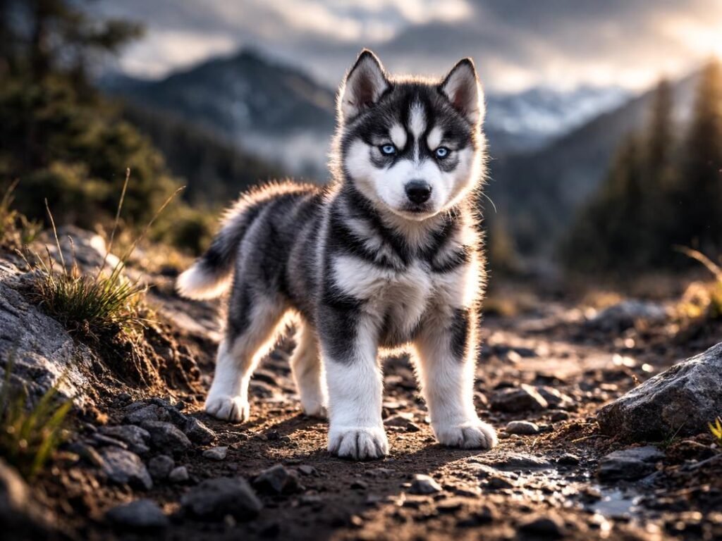 Strong gray and black Siberian Husky puppy standing confidently outdoors
