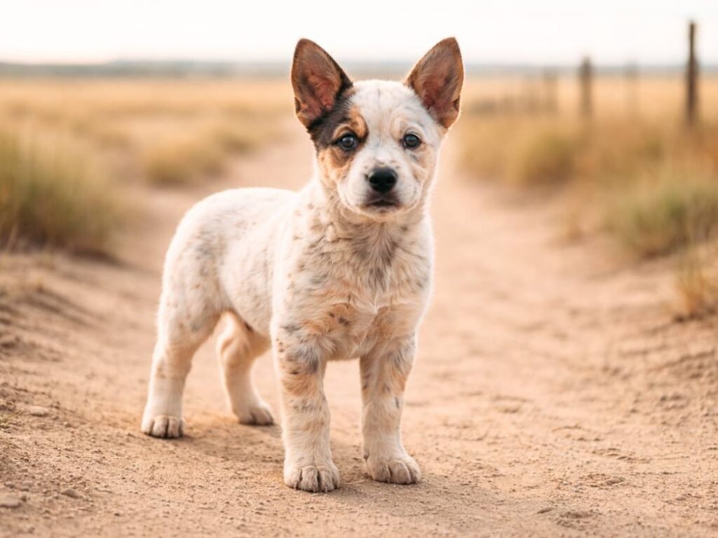An Australian Cattle Dog puppy standing confidently on a rural ranch trail under open skies.
