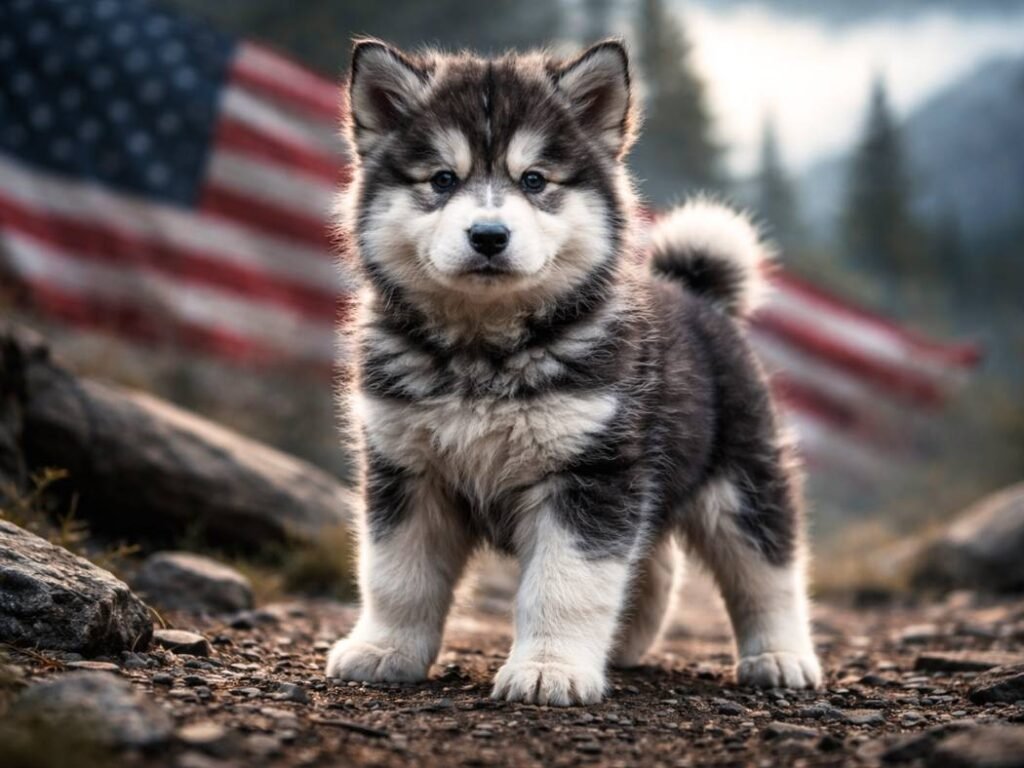 Alaskan Malamute puppy with American flag colors in a rugged outdoor setting
