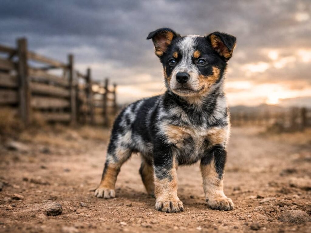 Texas Heeler puppy standing confidently on a cattle ranch