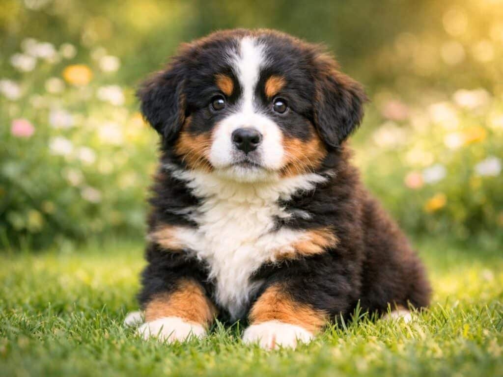 Fluffy Bernese Mountain Dog tricolor puppy sitting on green grass in soft sunlight