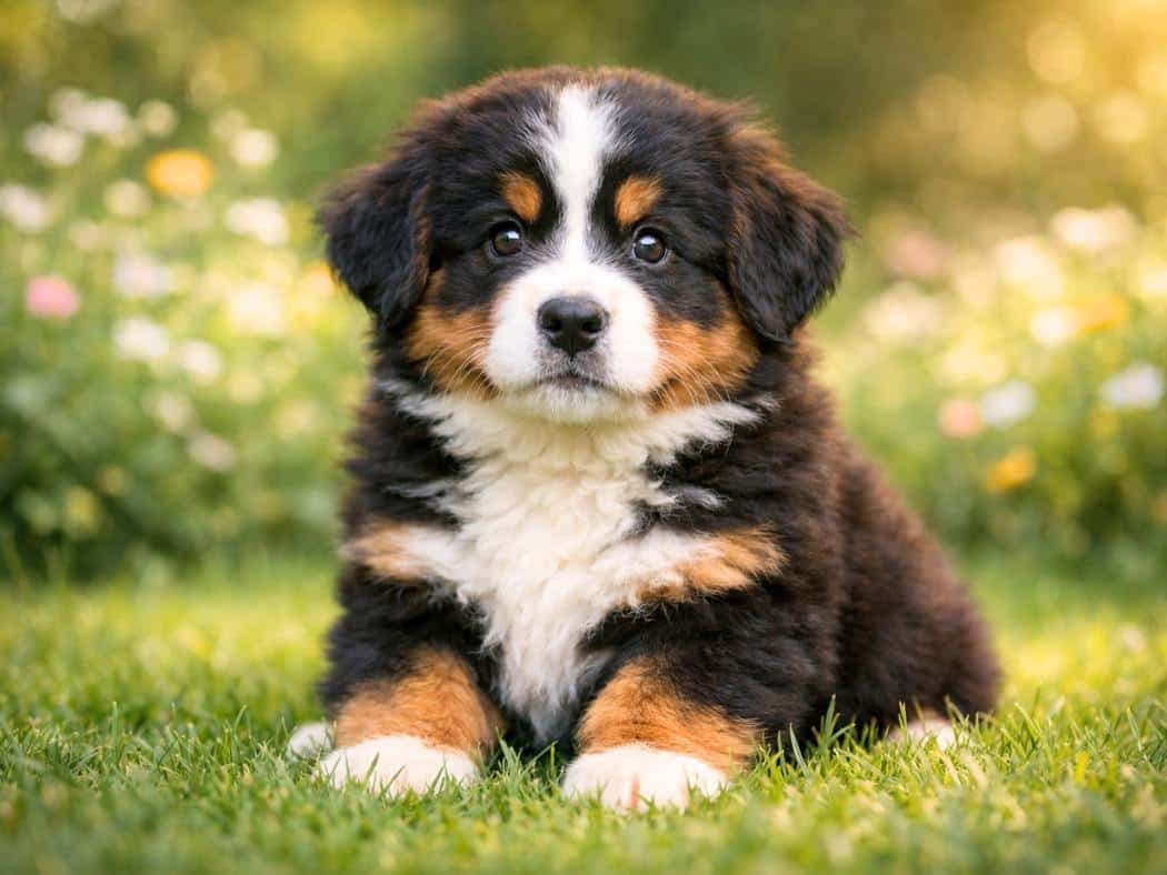 Fluffy Bernese Mountain Dog tricolor puppy sitting on green grass in soft sunlight