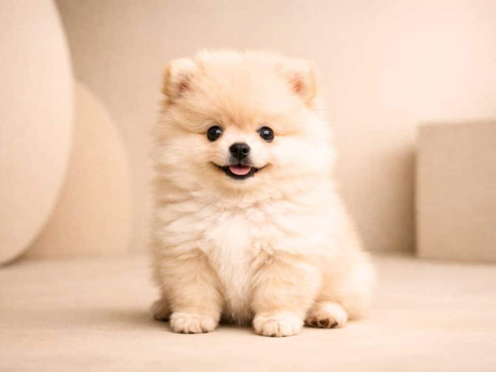 Tiny fluffy cream beige pomeranian puppy sitting on a minimalist neutral background